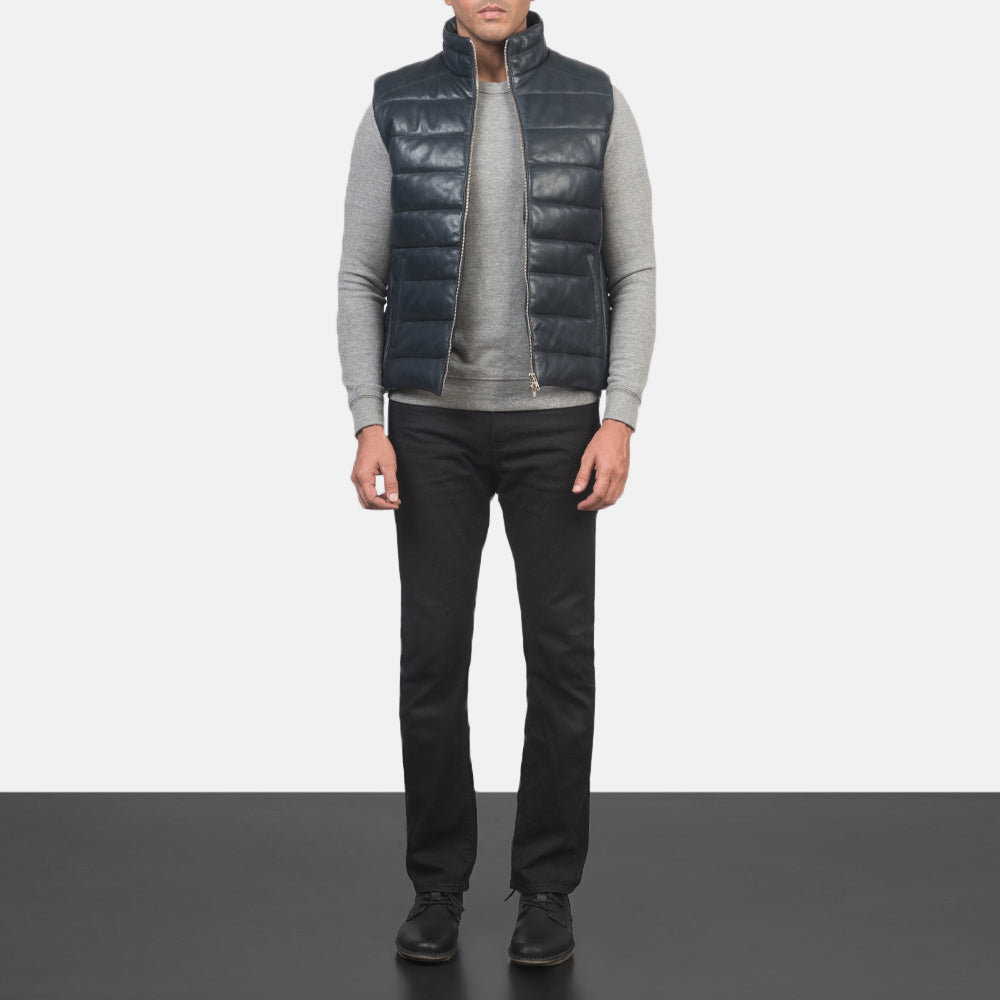 
Reeves أزرق Leather فيست صدرية مبطن رجالي - عرض جانبي يوضح قَصّة الأكمام المريحة