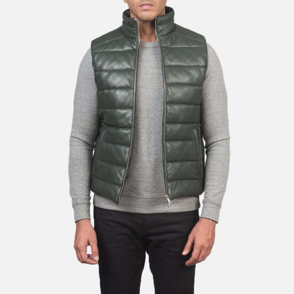 Men's Reeves أخضر Leather Puffer Vest رجالي in Green Sheepskin Leather - Front Profile View &amp; Tailored Silhouette | Buy Online