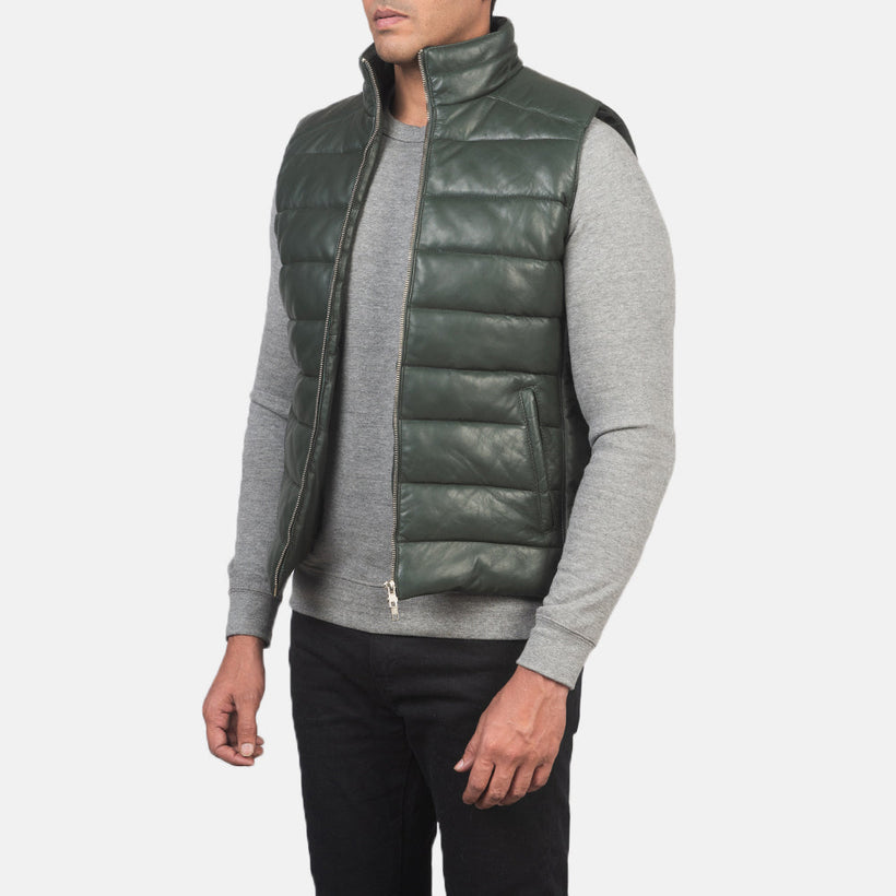 Reeves أخضر Leather فيست صدرية مبطن رجالي