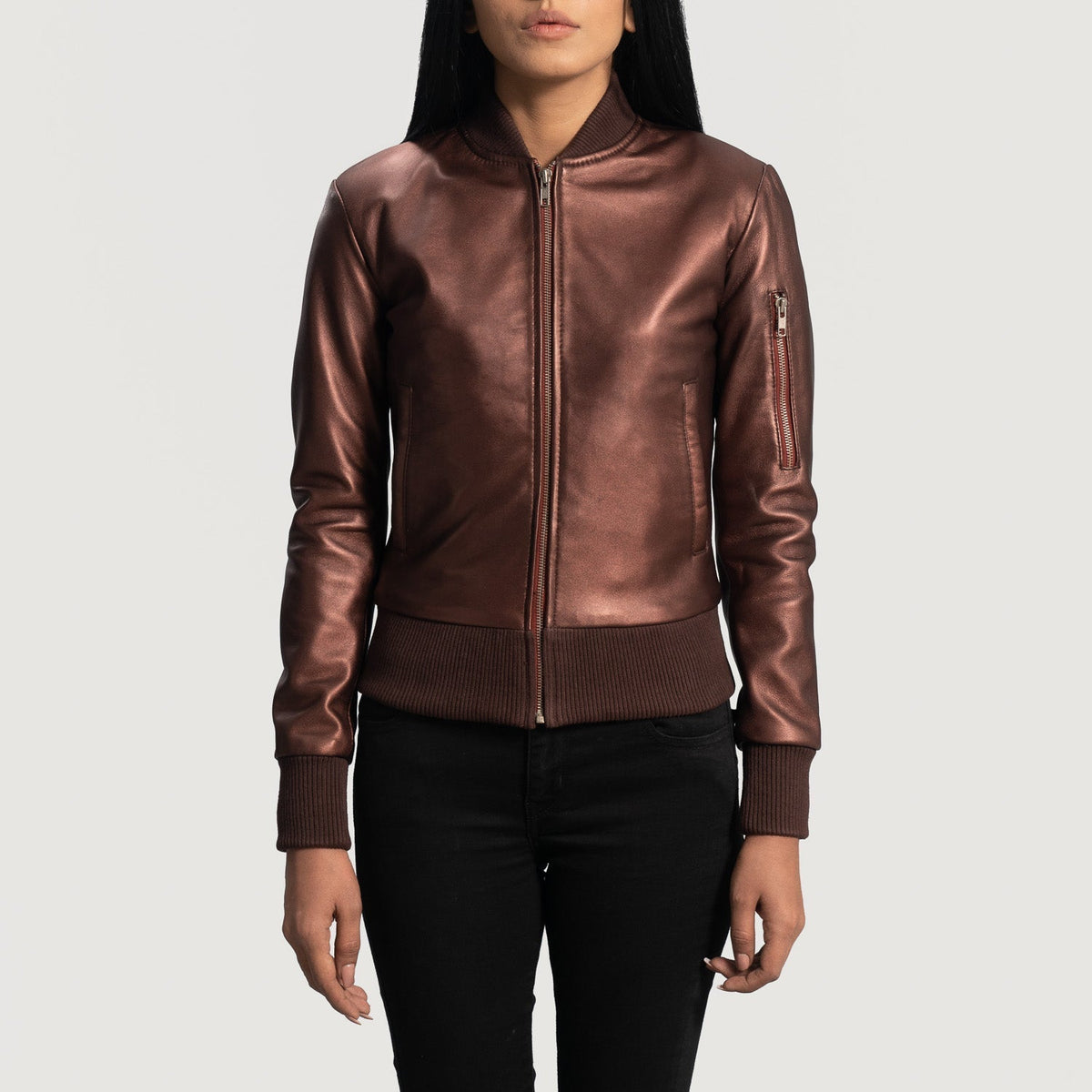 Women's Reida عنابي جاكيت بومبر جلد نسائي in Maroon Sheepskin Leather - Front Profile View &amp; Tailored Silhouette | Buy Online