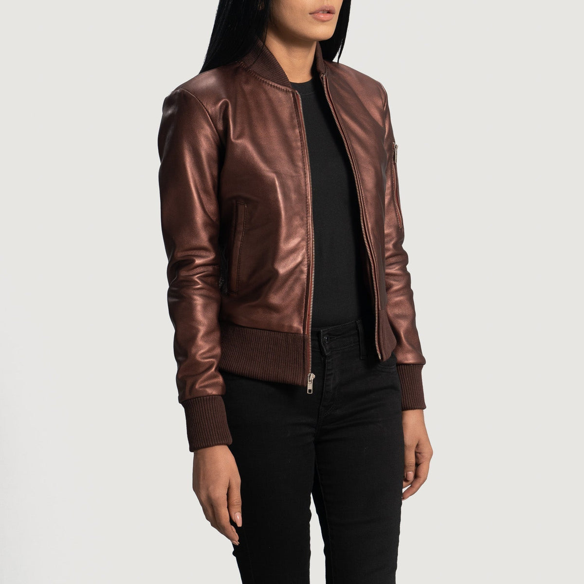 Women's Reida عنابي جاكيت بومبر جلد نسائي - Lateral Side Profile View Showing Sleeve Cut &amp; Athletic Taper Fit