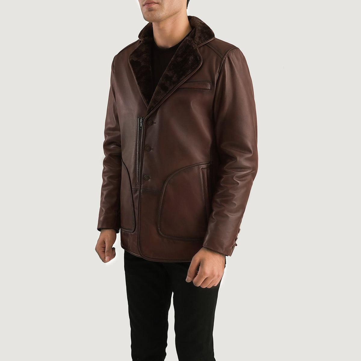 
Distressed Brown Sheepskin Burnishing Aviator Jacket - عرض خلفي يوضح تفصيل الأكتاف المتقن والحاشية النظيفة