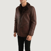 
Distressed Brown Sheepskin Burnishing Aviator Jacket - عرض خلفي يوضح تفصيل الأكتاف المتقن والحاشية النظيفة