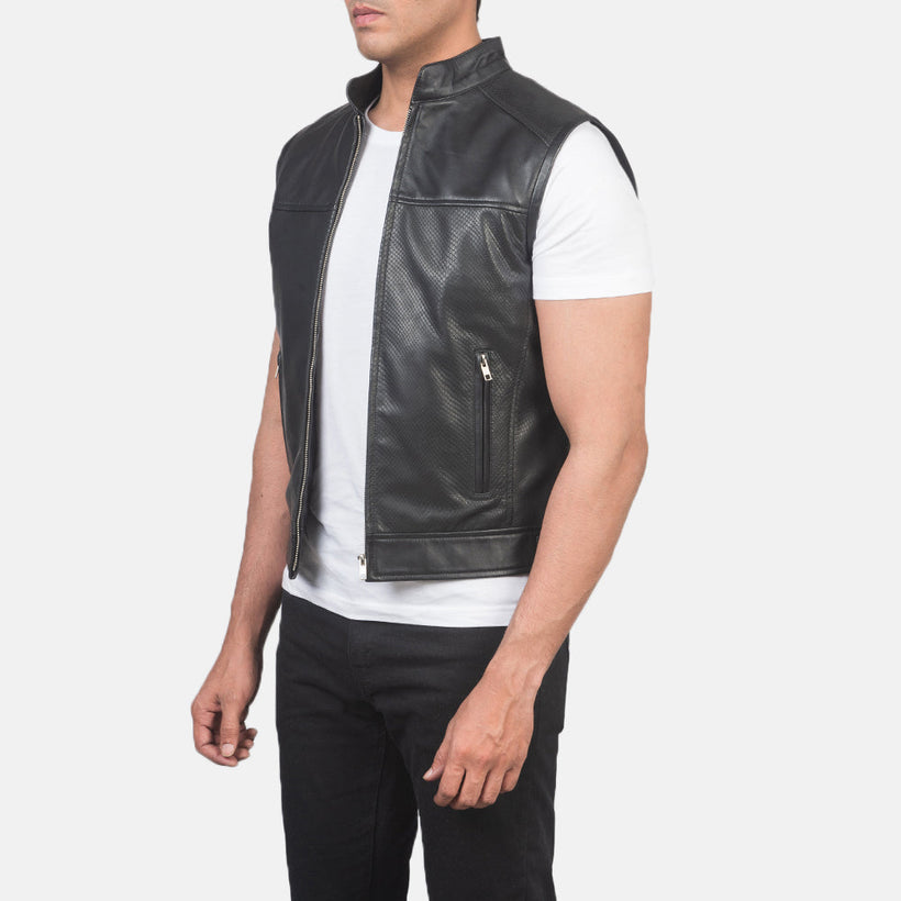 Roland أسود Leather Biker Vest رجالي