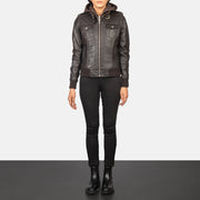 Women's Roslyn Brown Hooded Leather Bomber Jacket - Lateral Side Profile View Showing Sleeve Cut &amp; Athletic Taper Fit