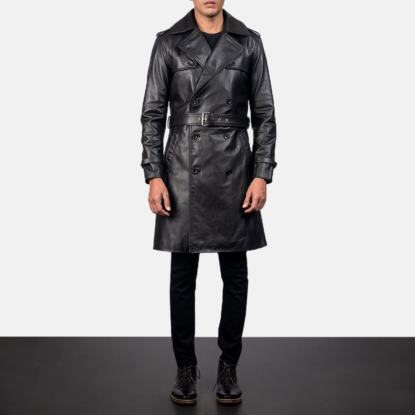 Royson أسود Leather Duster معطف جلد فاخر رجالي
