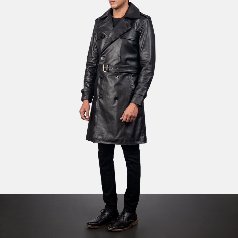 Black Cowhide Leather Trench Coat - Back View Showing Tailored Shoulder Fit &amp; Clean Hemline