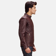 
Maroon Sheepskin Leather Biker Jacket - عرض خلفي يوضح تفصيل الأكتاف المتقن والحاشية النظيفة