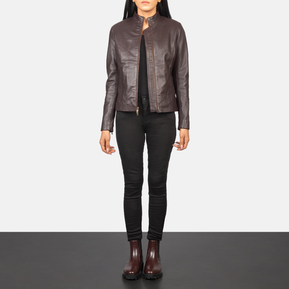 
Rumella Maroon Leather Biker Jacket - عرض جانبي يوضح قَصّة الأكمام المريحة