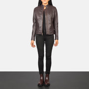 
Rumella Maroon Leather Biker Jacket - عرض جانبي يوضح قَصّة الأكمام المريحة