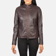 
تفاصيل مقربة of Mandarin & Zipper with Dual Puller Hardware on Rumella Maroon Leather Biker Jacket