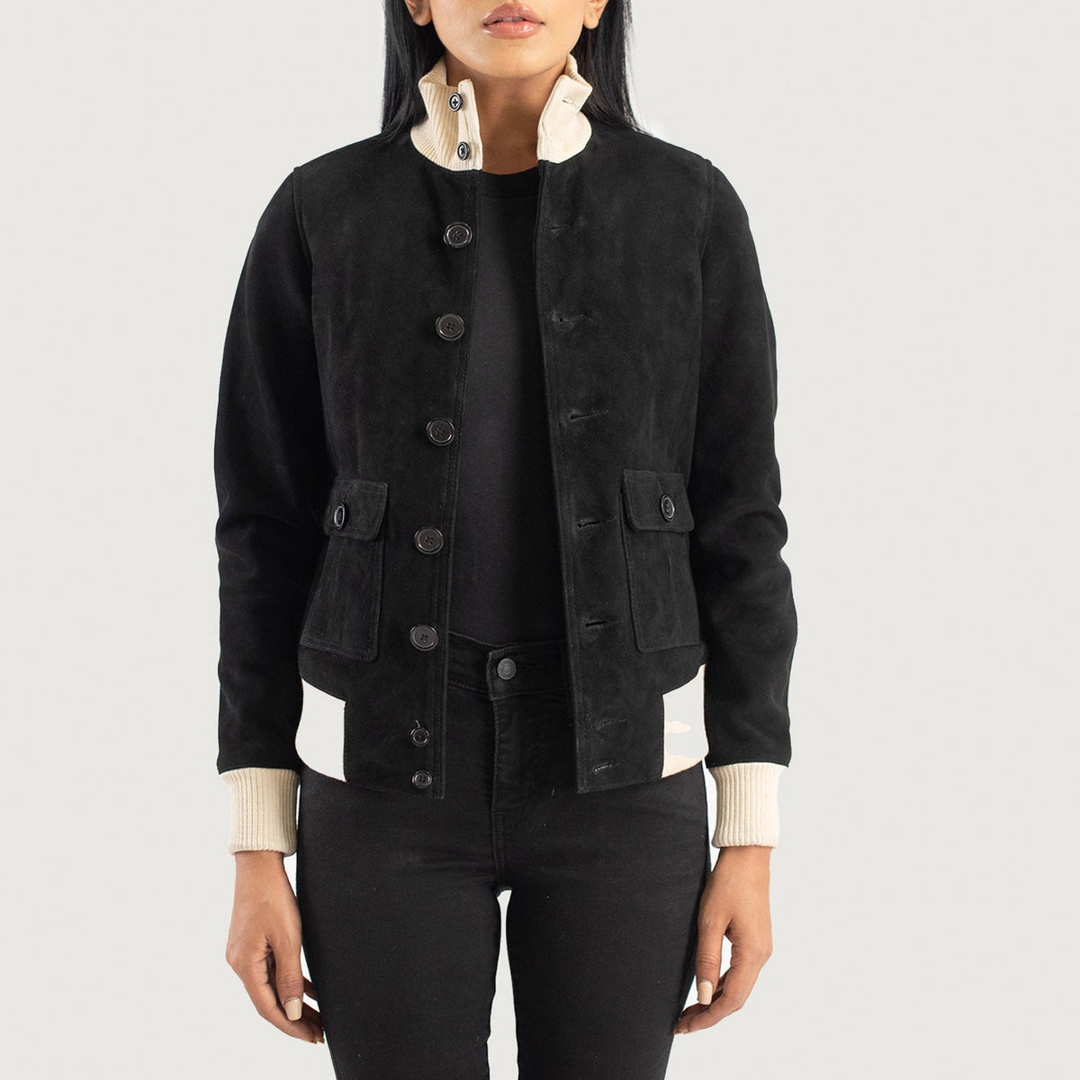 
Sasha A1 Black Suede Bomber Jacket in Black Goatskin Suede - عرض أمامي وقَصّة مفصلة أنيقة | شراء أونلاين عبر المتجر الرسمي