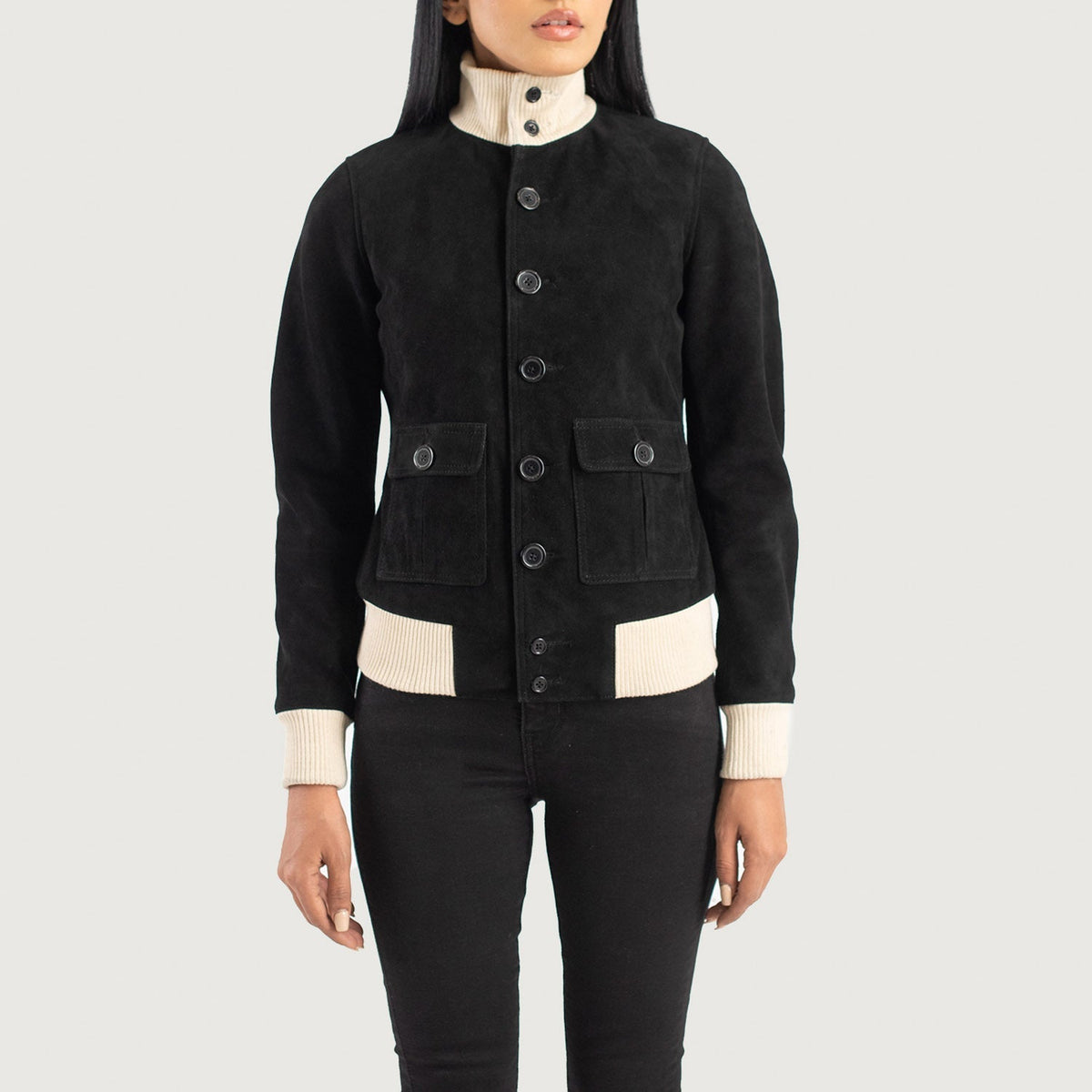 
تفاصيل مقربة of Knit Rib & Buttons Hardware on Sasha A1 Black Suede Bomber Jacket