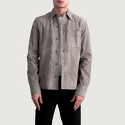 Scout Grey Suede Leather Shirt رجالي in Grey Goatskin Suede - Front Profile View &amp; Tailored Silhouette | Buy Online