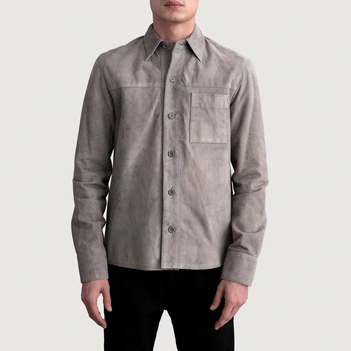 Scout Grey Suede Leather Shirt رجالي - Lateral Side Profile View Showing Sleeve Cut &amp; Athletic Taper Fit