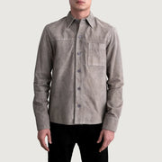 Scout Grey Suede Leather Shirt رجالي - Lateral Side Profile View Showing Sleeve Cut &amp; Athletic Taper Fit