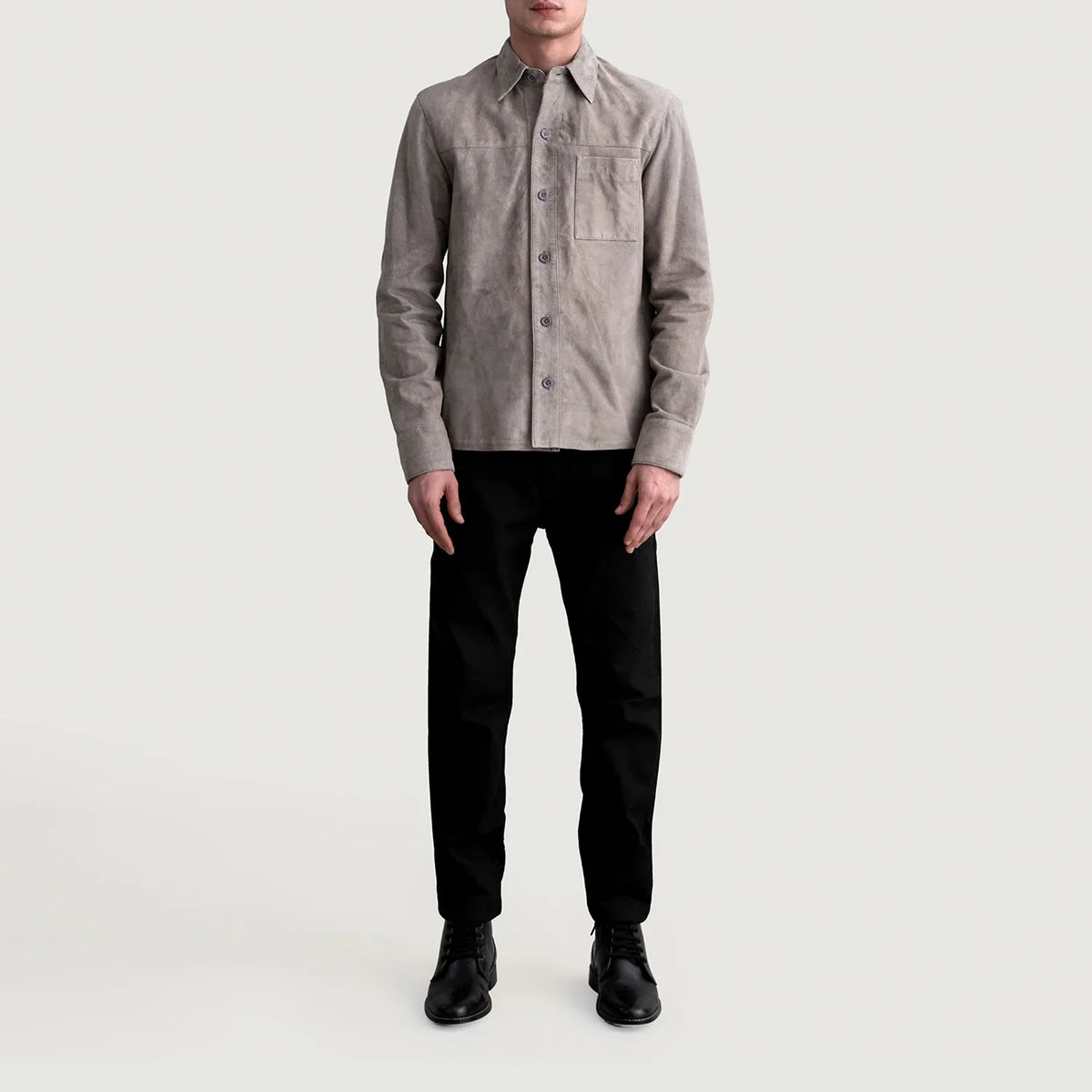 Close-Up Detail of Shirt &amp; Buttons Hardware on Scout Grey Suede Leather Shirt رجالي