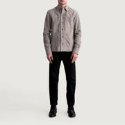Close-Up Detail of Shirt &amp; Buttons Hardware on Scout Grey Suede Leather Shirt رجالي