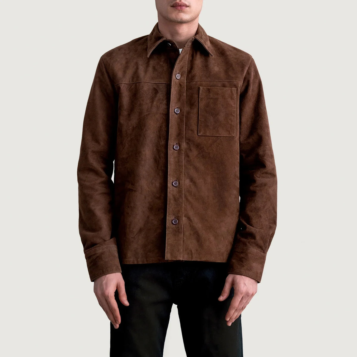 Scout Mocha Suede Leather Shirt رجالي - Lateral Side Profile View Showing Sleeve Cut &amp; Athletic Taper Fit