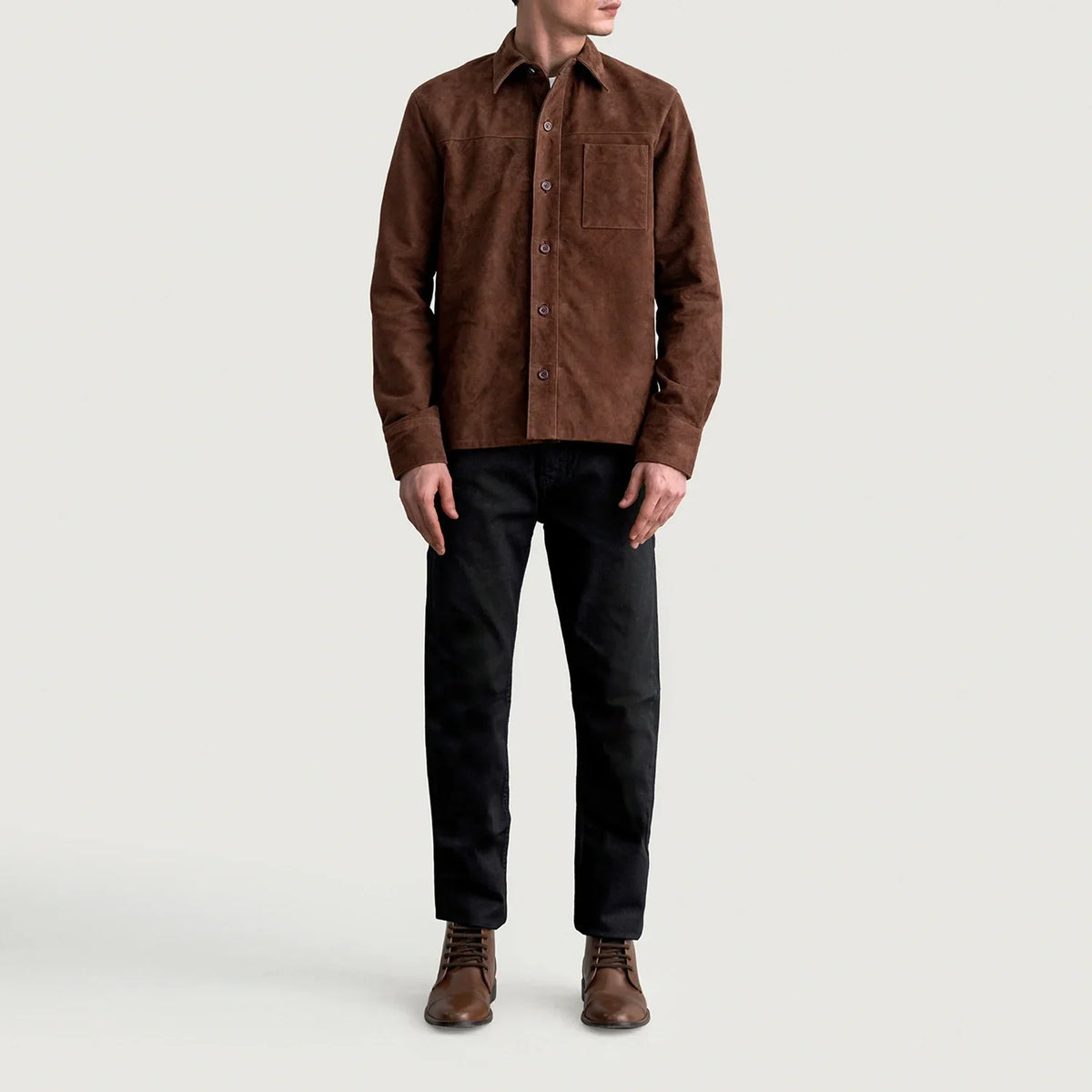 Close-Up Detail of Shirt &amp; Buttons Hardware on Scout Mocha Suede Leather Shirt رجالي