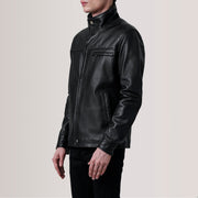 Sean أسود Leather Classic جاكيت جلد رجالي For Men - Lateral Side Profile View Showing Sleeve Cut &amp; Athletic Taper Fit