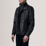 Sean أسود Snuffed Classic جاكيت جلد رجالي For Men - Lateral Side Profile View Showing Sleeve Cut &amp; Athletic Taper Fit
