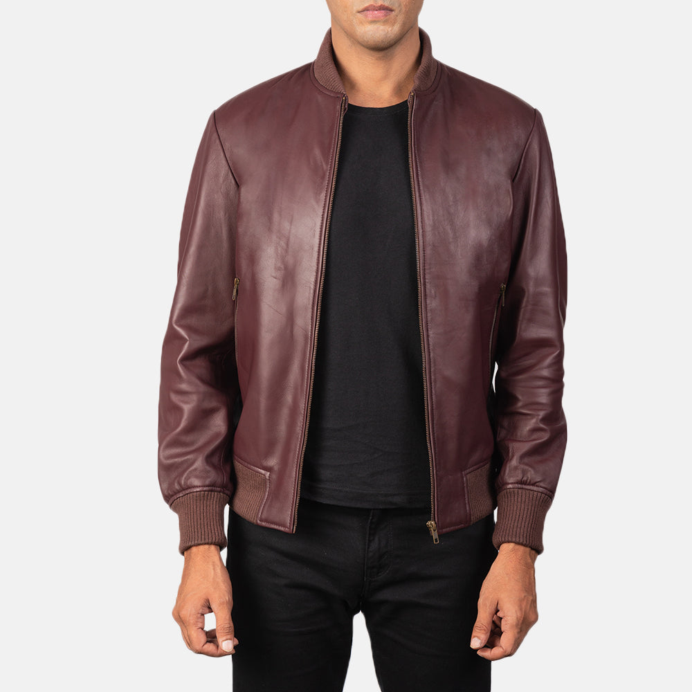 Men's Shane عنابي جاكيت بومبر جلد رجالي in Maroon Sheepskin Leather - Front Profile View &amp; Tailored Silhouette | Buy Online