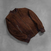 Rib Knit &amp; Hem Craftsmanship Construction Detail on Men's Shane Dark Mocha Brown Suede Bomber Jacket