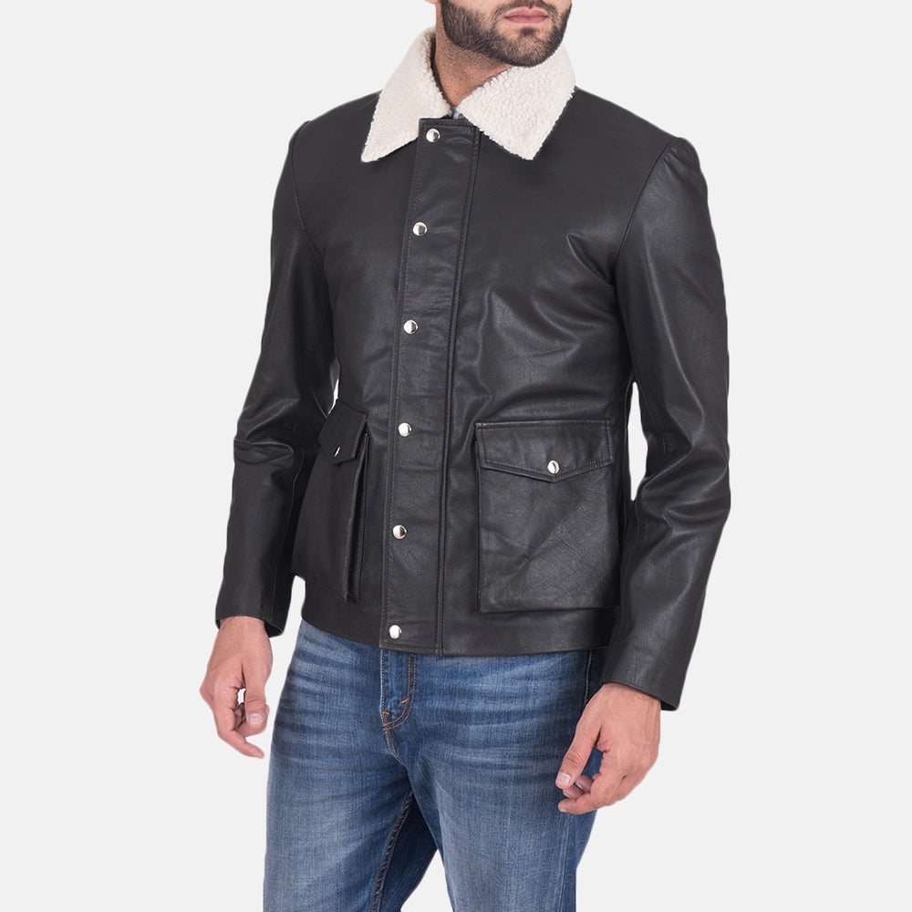 Men's Snow Cole Black Leather Jacket in Black Goatskin Leather - Front Profile View & Tailored Silhouette | Buy Online