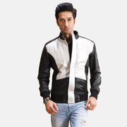 Spade Silver أسود جاكيت بومبر جلد رجالي in Black Sheepskin Leather - Front Profile View &amp; Tailored Silhouette | Buy Online