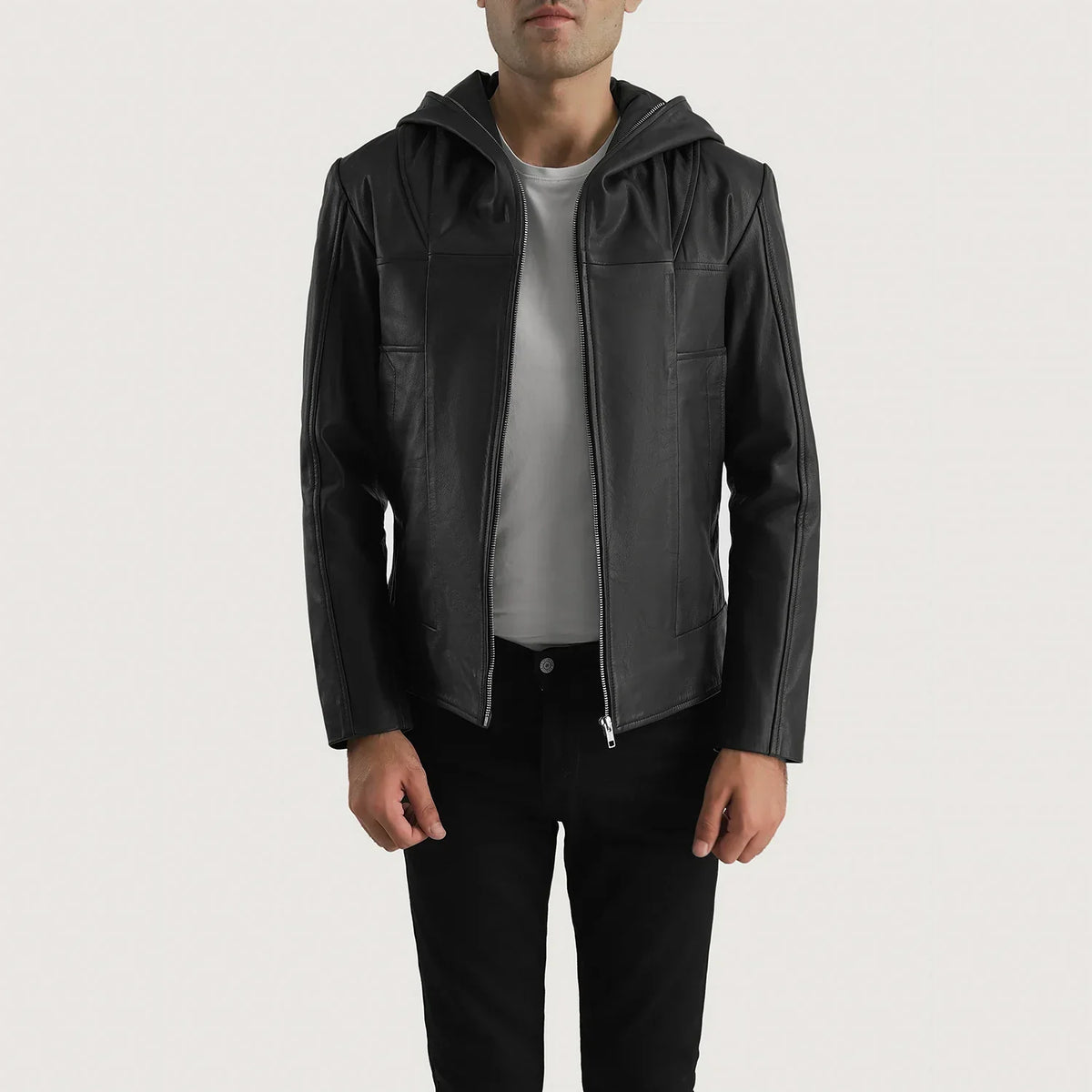 Men's Spratt أسود Hooded جاكيت جلد رجالي in Black Goatskin Leather - Front Profile View &amp; Tailored Silhouette | Buy Online