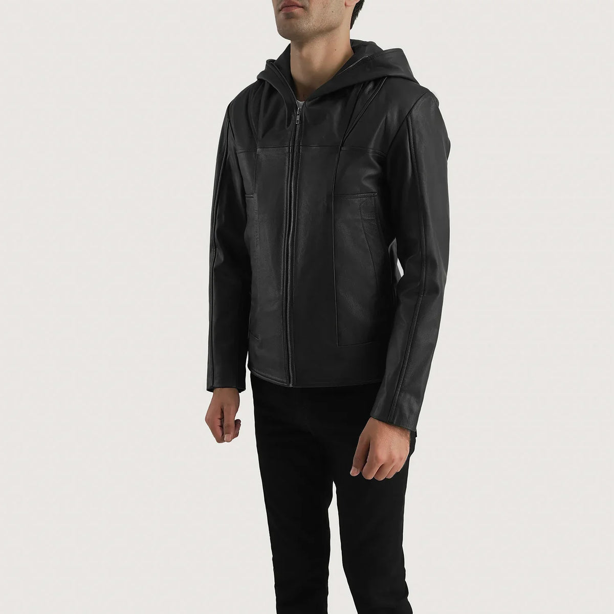 Men's Spratt أسود Hooded جاكيت جلد رجالي - Lateral Side Profile View Showing Sleeve Cut &amp; Athletic Taper Fit