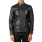 Men's Tea House أسود جاكيت بايكر جلد رجالي - Lateral Side Profile View Showing Sleeve Cut &amp; Athletic Taper Fit