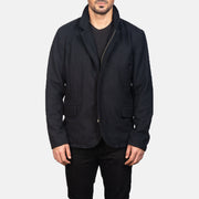 Close-Up Detail of Nehru &amp; Zipper with Dual Puller Hardware on Men's Thomas أسود Wool جاكيت جلد رجالي