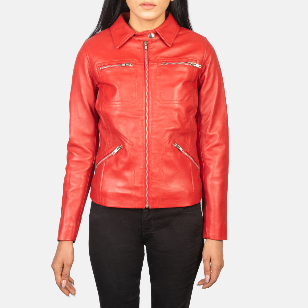 
تفاصيل مقربة of Shirt with Snap Button & Zipper Hardware on Tomachi Red Leather Jacket
