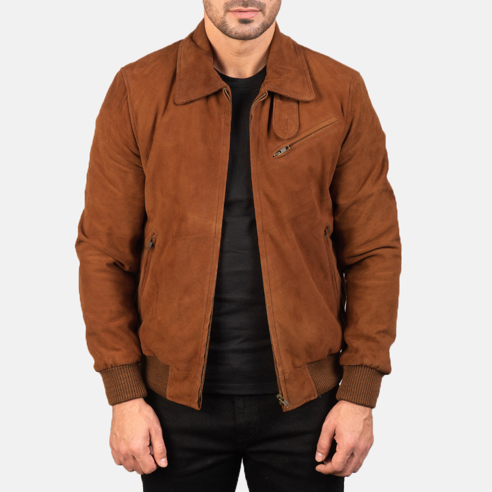 Men's Tomchi بيج Suede جاكيت جلد رجالي in Brown Goatskin Suede - Front Profile View &amp; Tailored Silhouette | Buy Online