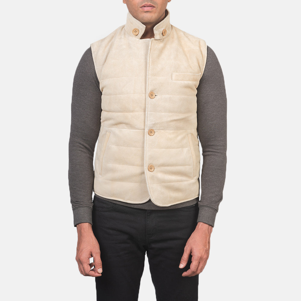 Close-Up Detail of Notch with removable throat latch &amp; Button Hardware on Men's Tony Off-White Suede Vest رجالي