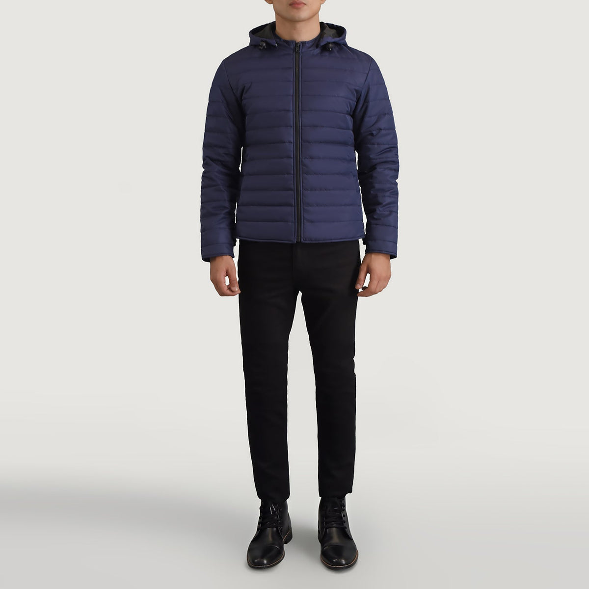 Tyler أزرق Hooded Puffer جاكيت جلد رجالي - Lateral Side Profile View Showing Sleeve Cut &amp; Athletic Taper Fit