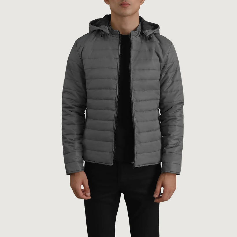 Tyler Grey Hooded Puffer جاكيت جلد رجالي