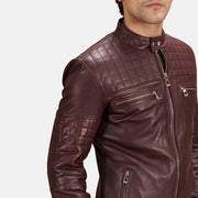 Urbane مبطن عنابي جاكيت بايكر جلد رجالي - Lateral Side Profile View Showing Sleeve Cut &amp; Athletic Taper Fit