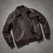 Tailored Rib Cuffs &amp; Hem Craftsmanship Construction Detail on Dark بني Sheepskin جاكيت بومبر جلد رجالي