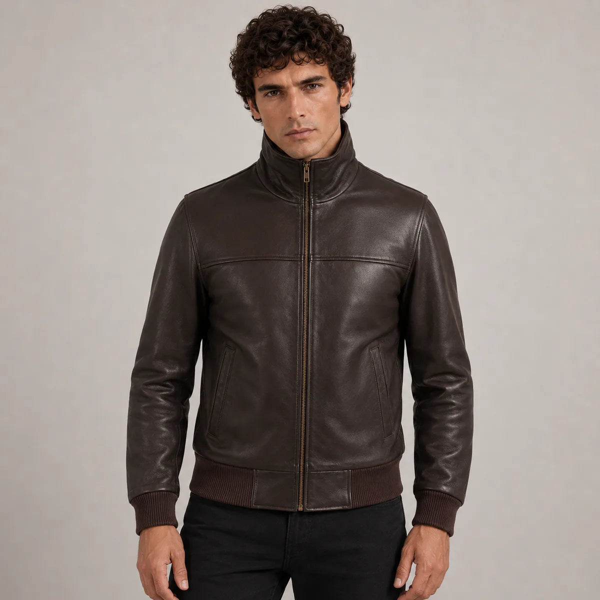 Dark بني Sheepskin جاكيت بومبر جلد رجالي in Dark Brown Authentic Sheepskin &amp;Amp; Shearling - Front Profile View &amp; Tailored Silhouette | Buy Online