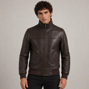 Dark بني Sheepskin جاكيت بومبر جلد رجالي in Dark Brown Authentic Sheepskin &amp;Amp; Shearling - Front Profile View &amp; Tailored Silhouette | Buy Online