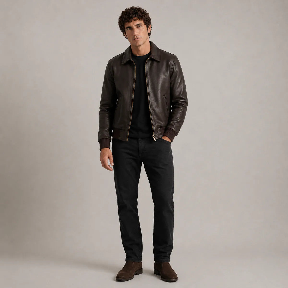 Dark Brown Sheepskin Leather Bomber Jacket - عرض جانبي يوضح قَصّة الأكمام المريحة