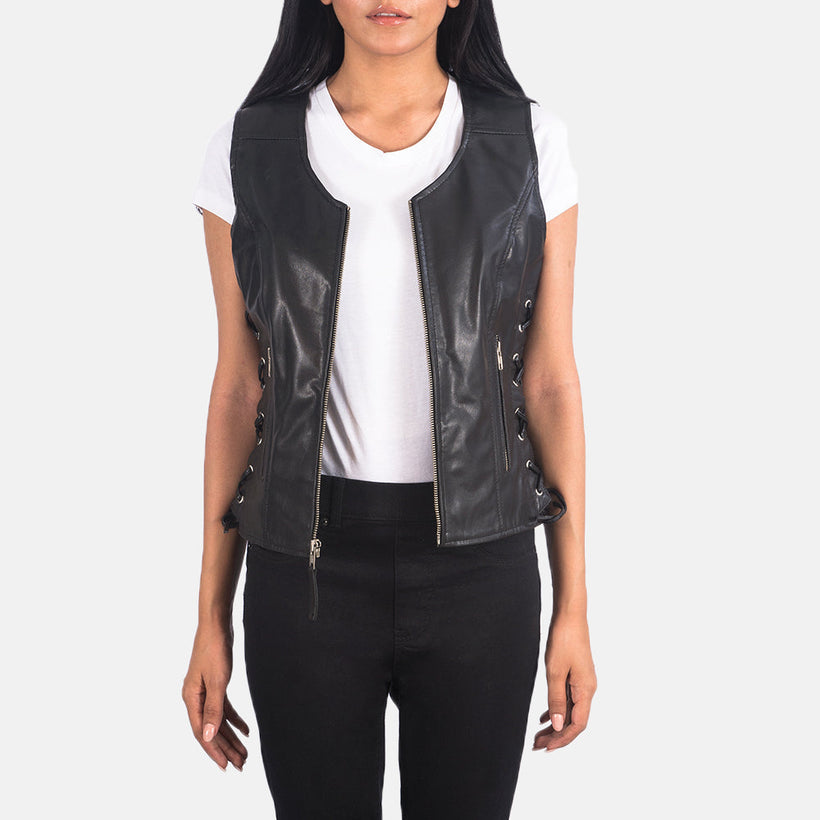 Vanda أسود Leather Biker Vest نسائي