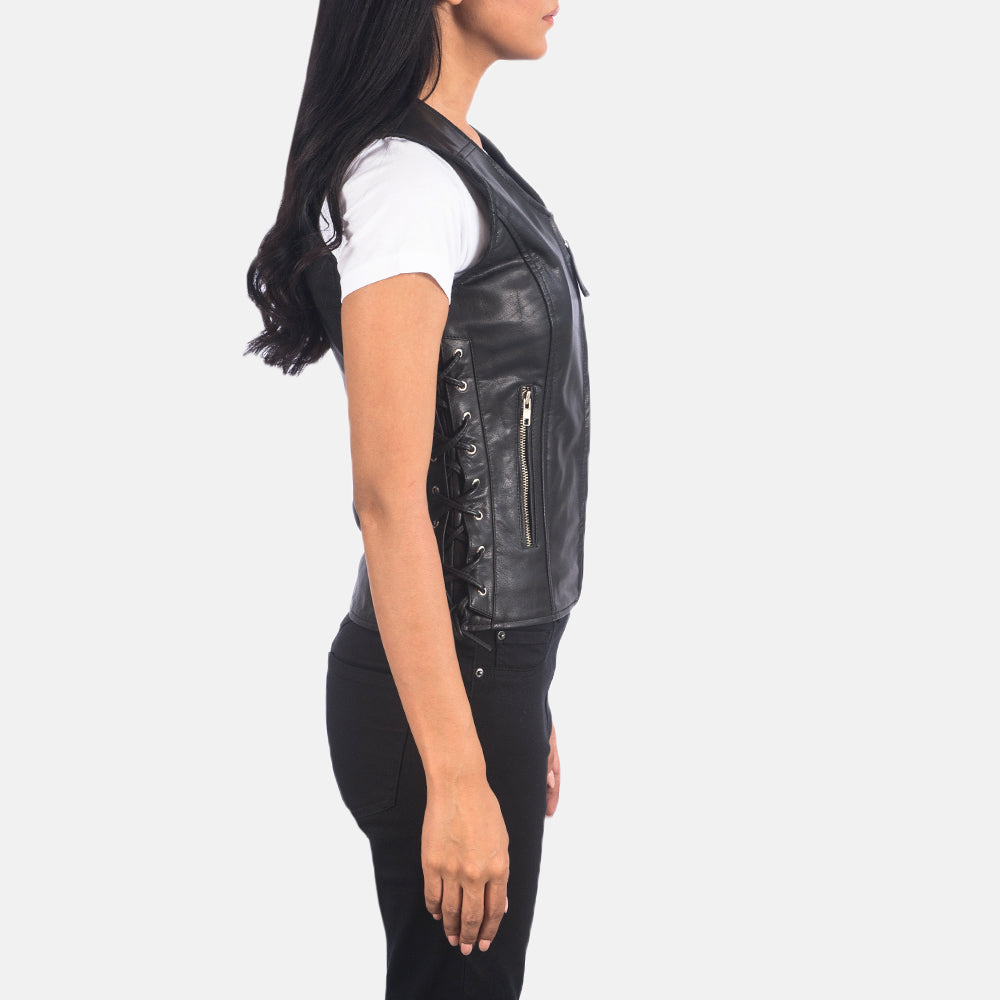 
Black Goatskin Leather Biker Jacket - عرض خلفي يوضح تفصيل الأكتاف المتقن والحاشية النظيفة