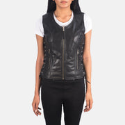 
تفاصيل مقربة of V-neck & Zipper Hardware on Vanda أسود Leather Biker Vest نسائي