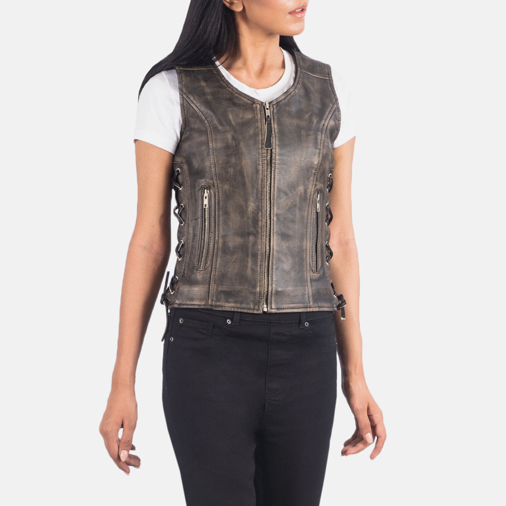 
Distressed Brown Goatskin Leather Biker Jacket - عرض خلفي يوضح تفصيل الأكتاف المتقن والحاشية النظيفة