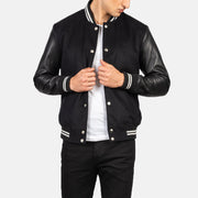 Men's Vaxton أسود Striped Hybrid Varsity جاكيت جلد رجالي in Black Sheepskin Leather - Front Profile View &amp; Tailored Silhouette | Buy Online
