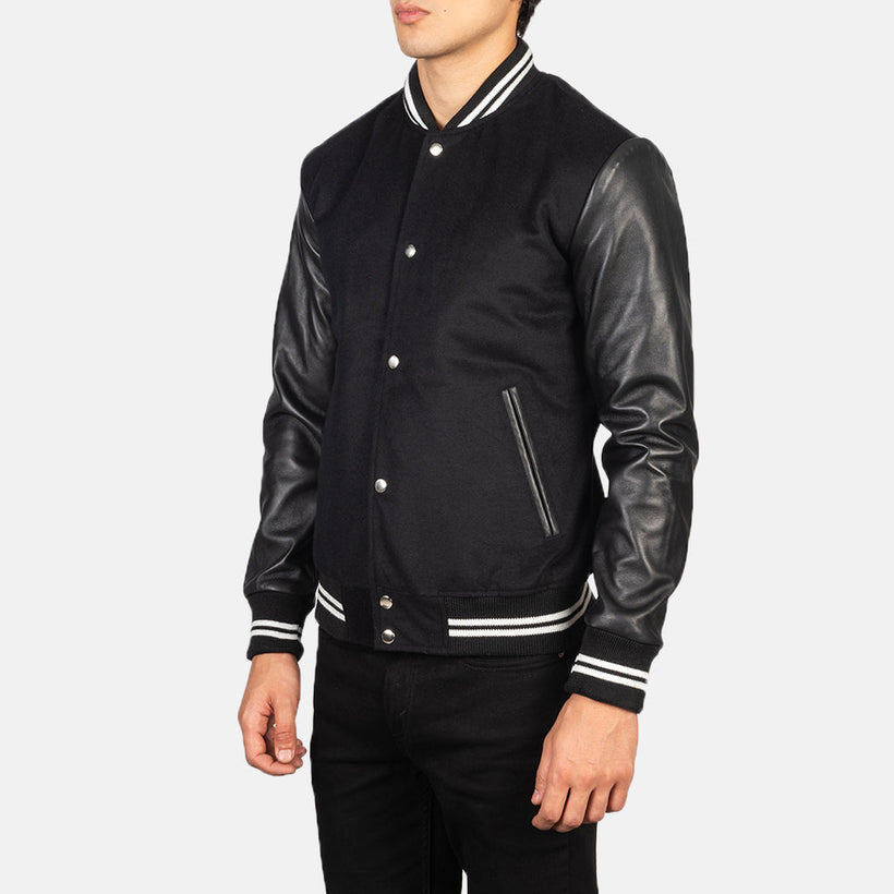Vaxton أسود Striped Hybrid Varsity جاكيت جلد رجالي